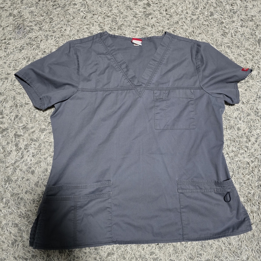 Dickies Gray Scrub Top Women’s Size L V-Neck Medical Nursing Uniform Workwear